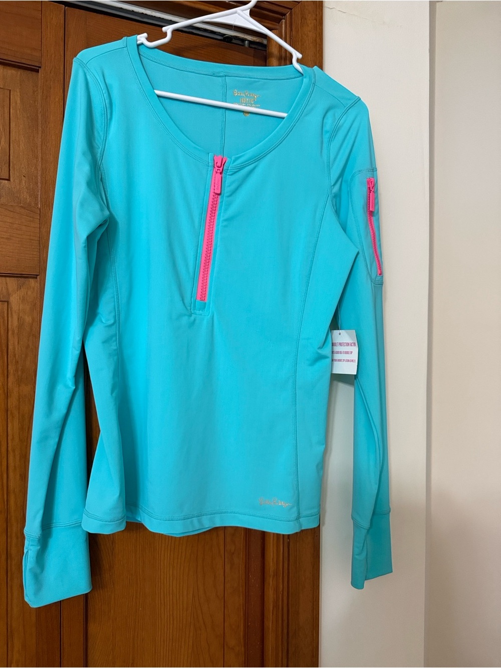 Lilly Pulitzer Aqua Long-Sleeve Zip Swim Top with Pink Zippers